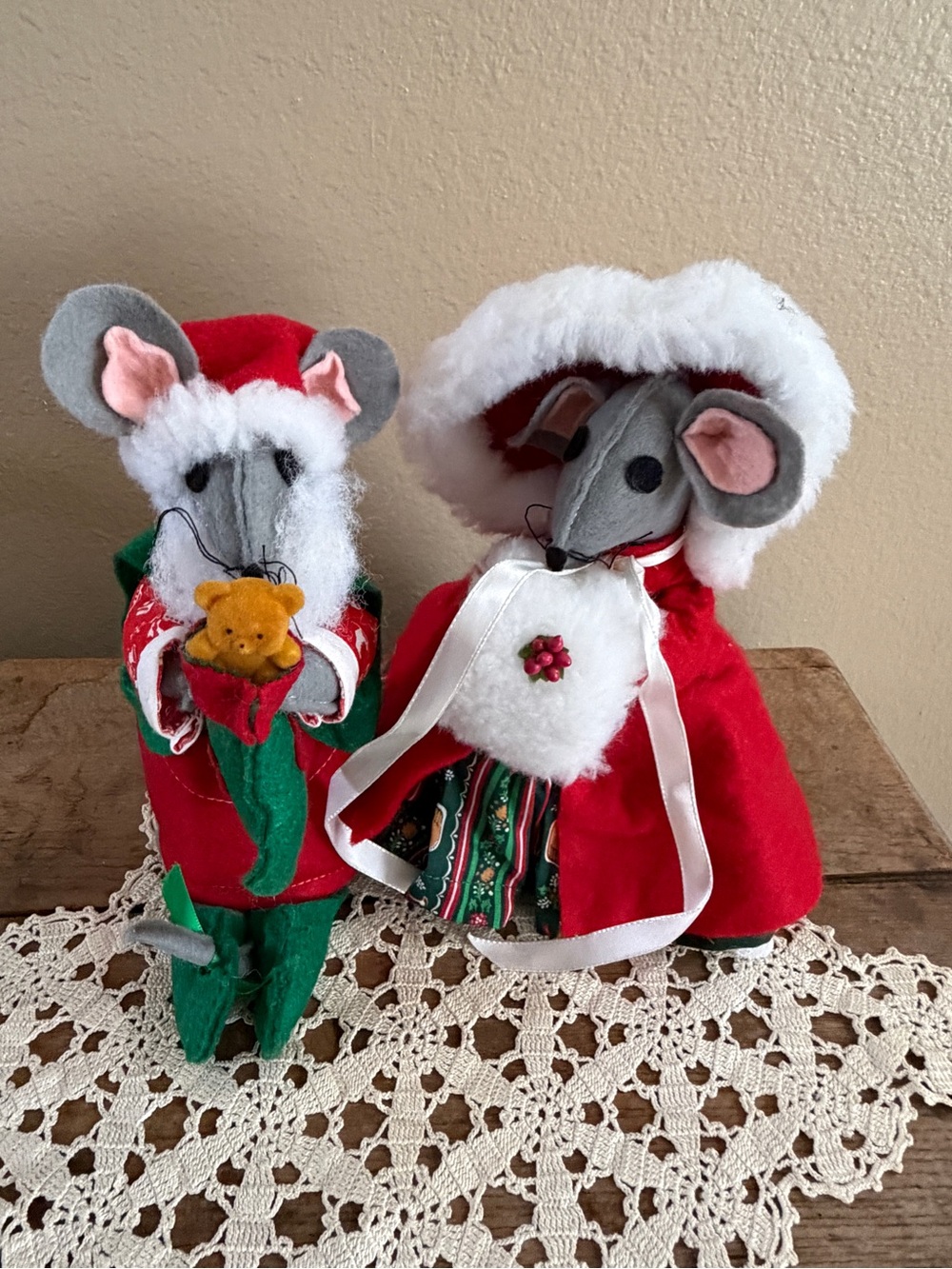 Vintage Red and Green Holiday Mouse Couple Figurines